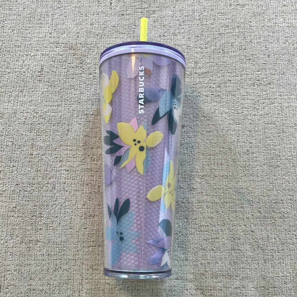 Starbucks Purple Floral Honeycomb Venti Cold Cup Tumbler 24oz Yellow Straw NEW